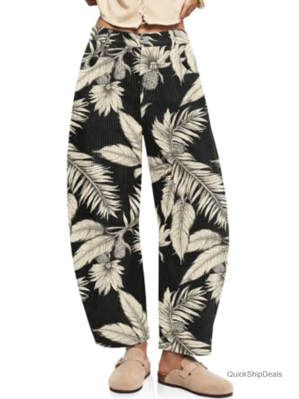 Womens Corduroy Barrel Pants Wide Leg Floral Print Baggy Trousers
